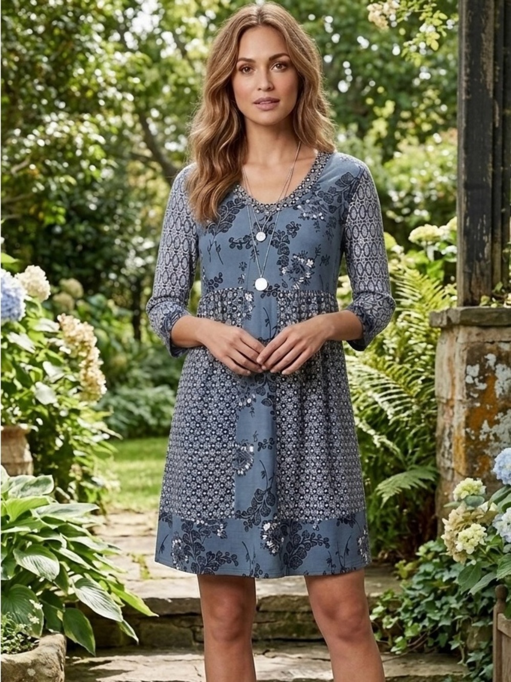 Boden Mollie Patchwork Shift Dress Blue Floral 3/4 Sleeve Womens 8R
